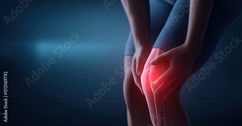 Person clutching knee with highlighted tendons and red pain indicator on a dark blue background, potentially indicating injury.