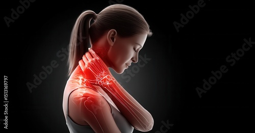 Woman experiencing shoulder, neck, and wrist pain, with visible skeleton overlay highlighting affected area on a dark background.