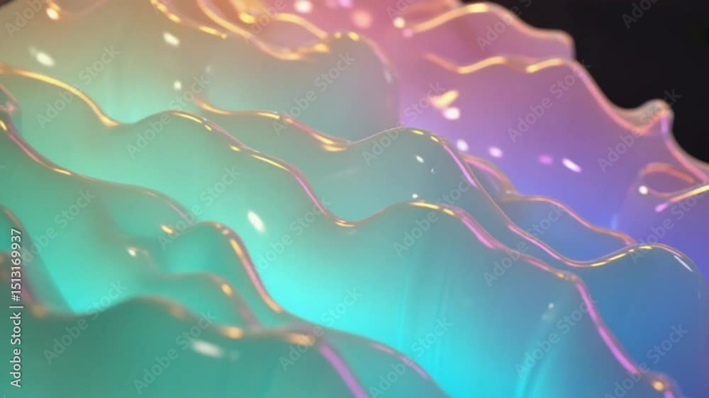 Organic, translucent membrane structures expanding contracting rhythmically cellular breathing, lit pastel neon gradients. Macro abstract view pulsing movement, soft refractions depth field blur