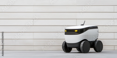 A compact delivery robot with four wheels stands against a modern white wall background.