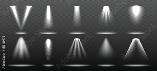 white realistic lights shining spotlight projection bright lightning stage environment visualization.