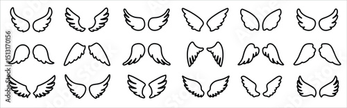 Wings icons. Set of black wings icons. Bird wings, angel wings elements. Wings Collection in different shape. Vector illustration