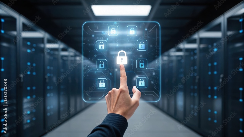 Fototapeta premium Interaction with Floating Security Screen in High-Tech Data Center