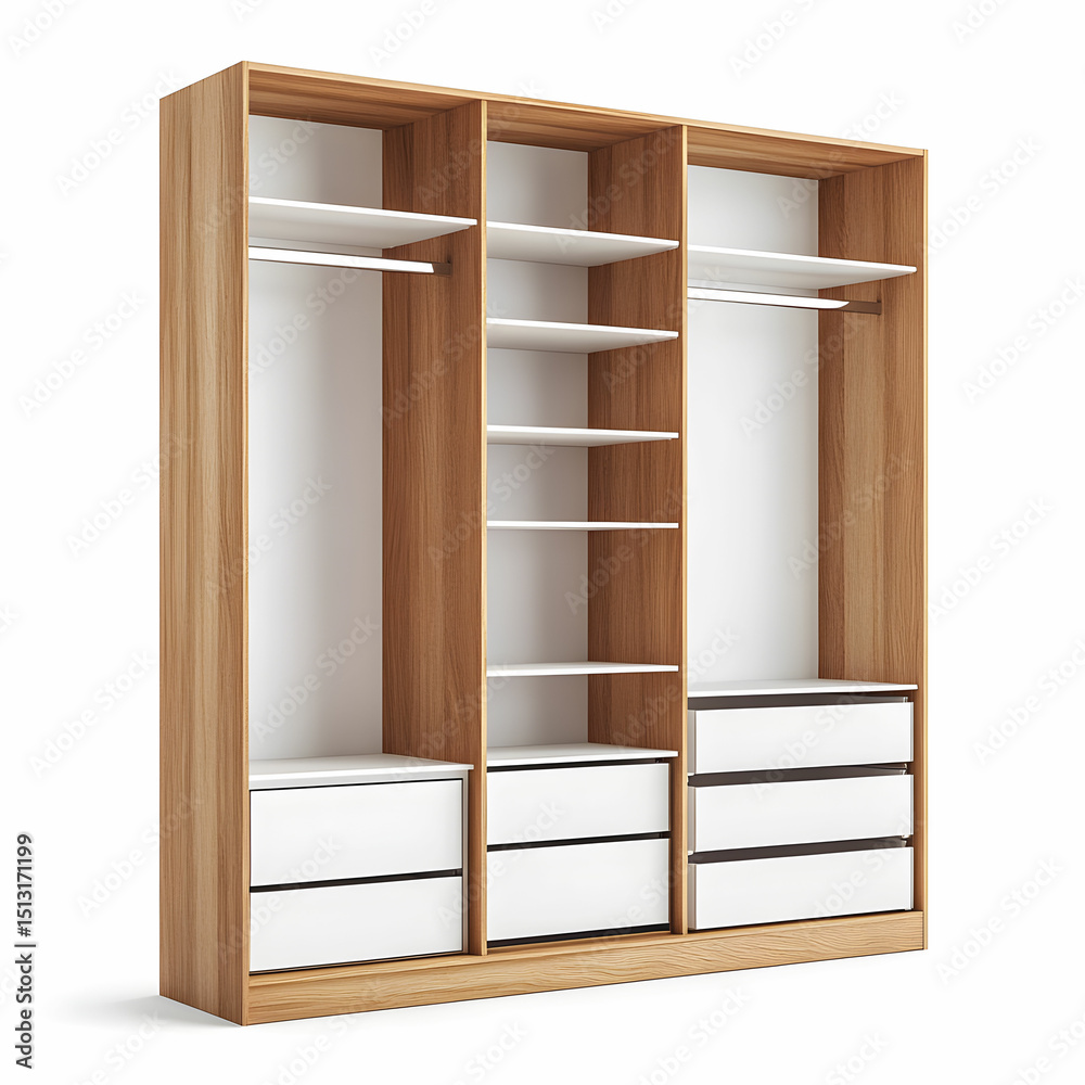 Fototapeta premium wardrobe with white shelves and natural wood frame, isolated on white background