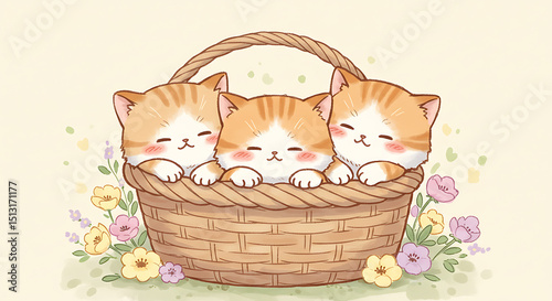 Cute Kittens in Basket with Flowers