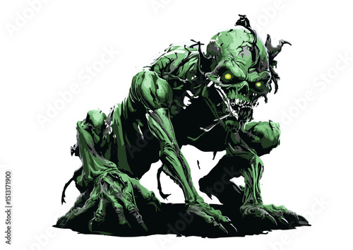 Ghastly Green Ghoul A Creepy Crawly Creature of the Night, Lurking in Shadows, Digital Illustration