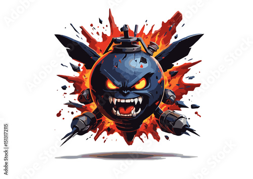 Fiery Demonic Bomb Explosive Illustration of a Glaring, Winged, Hellish Creature with Fangs, Embracing Destruction and Chaos