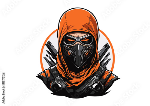 Fierce Orange Hooded Warrior  A Striking Illustration of a Masked Ninja-like Figure with Guns, Ready for Battle