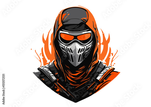 Fierce Orange Hooded Figure Striking Illustration of a Masked Warrior,  Digital Art, Graphic Design, Vector Artwork