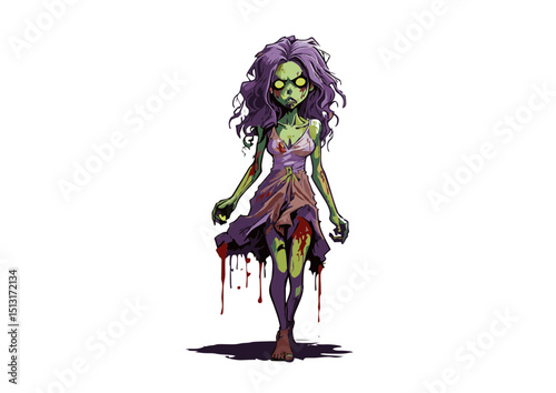 Undead Girl Zombie Illustration Spooky Green-Skinned Female Character Art