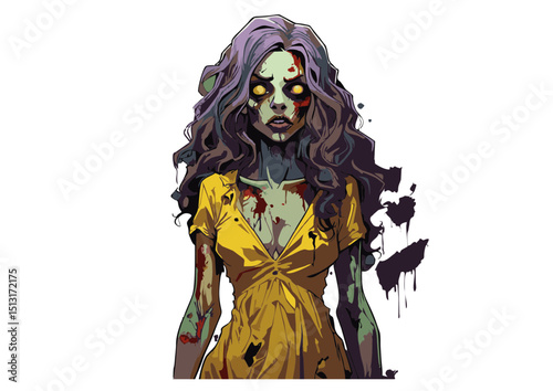 Haunting Illustration of a Female Zombie Digital Art, Undead Woman, Horror Concept, Green Skin, Blood Splatter