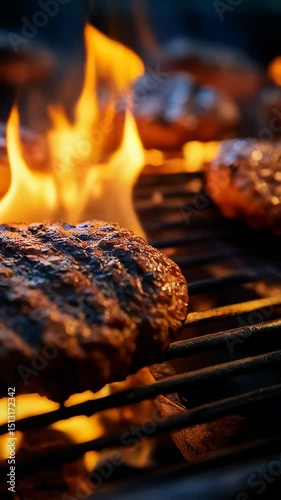 Grilled burger cooking over hot flames on a barbecue grill, close up of food preparation