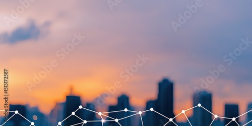 Blurred city skyline at sunset with a digital network overlay in the foreground.