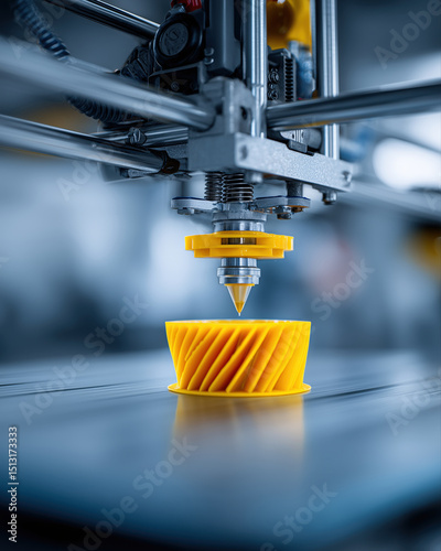 3D printer yellow plastic object modern technology additive manufacturing creative process industrial design innovation precise engineering futuristic