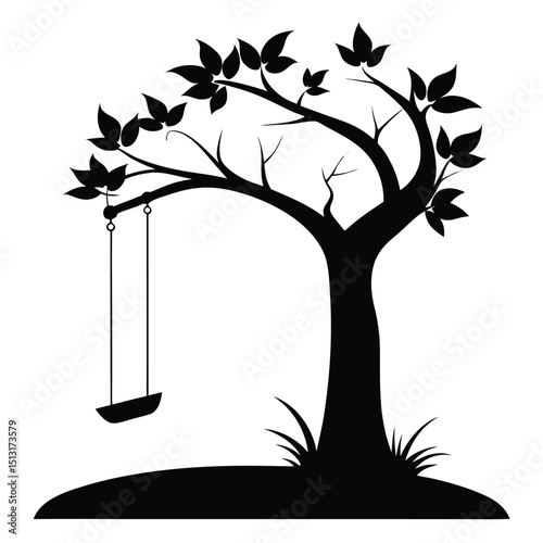 Silhouette of a swing hanging from a tree on white background  
Swing hanging from tree silhouette vector illustration  
