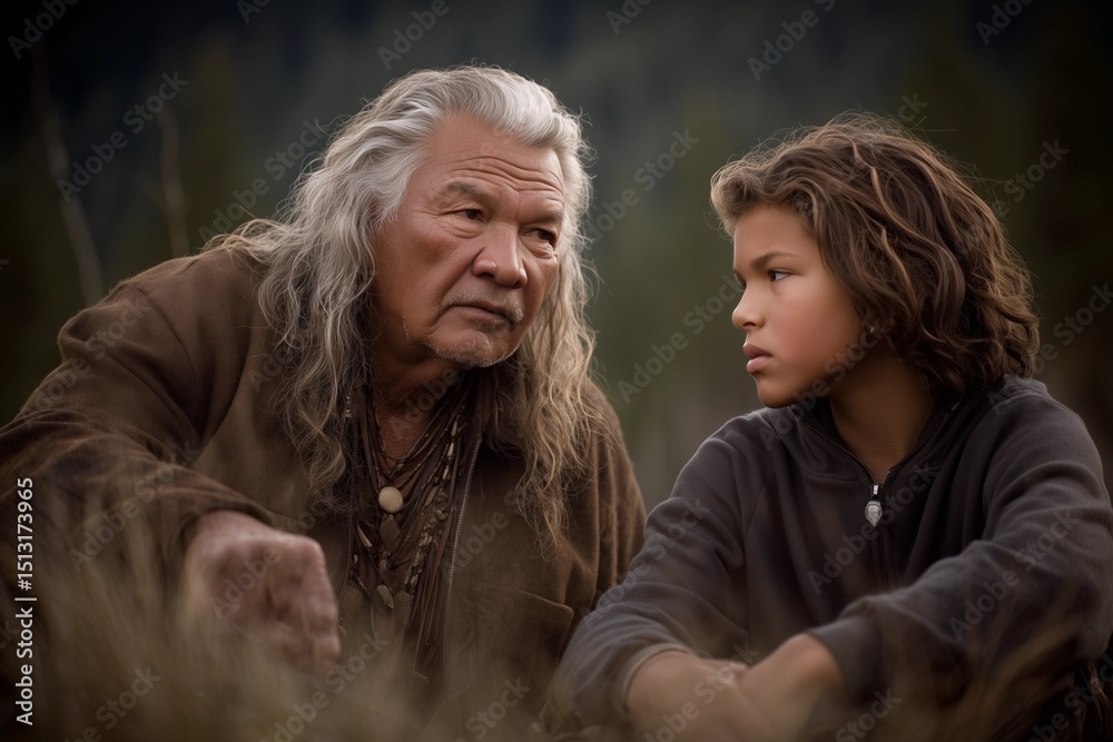 An Indigenous elder respectfully shares traditional knowledge with a younger member in a serene natural setting, ample space around them. Telephoto effect. An Indigenous elder respectfully shares traditional knowledge with a younger member in a serene natural setting, ample space around them. Telephoto effect.