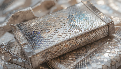 Luxury Clutch: A close-up shot of an exquisite, bejeweled clutch, shimmering with opulence. The details on the high-end accessory are stunning and luxurious.