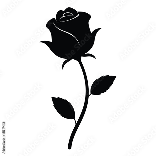 Single rose flower silhouette on white background  
Rose flower single stem silhouette vector illustration  

