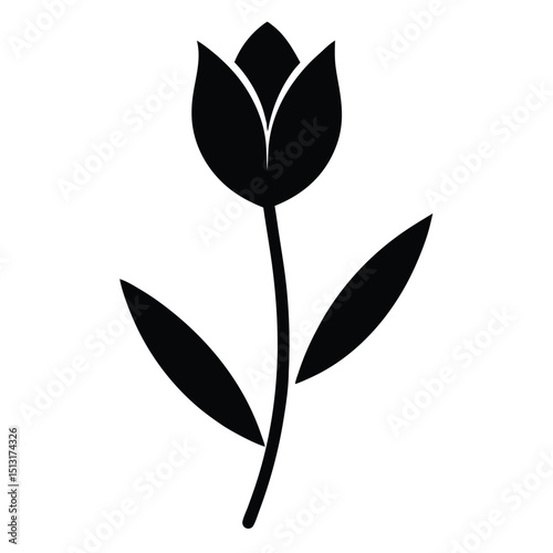 Tulip silhouette with stem and leaves on white background  
Silhouette of tulip flower with stem and leaf vector illustration  
