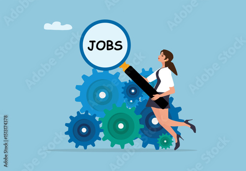 Businesswoman Holding Magnifying Glass Searching for Jobs with Gear Mechanism Background Representing Career Development, Employment Opportunities, and Future Job Vision in Flat Style Design