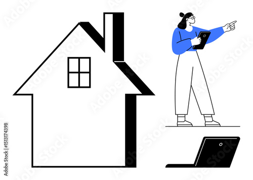 Large house outline, professional with tablet gesturing confidently, laptop for virtual interaction. Ideal for real estate, technology, investment, remote work, creative solutions, home design