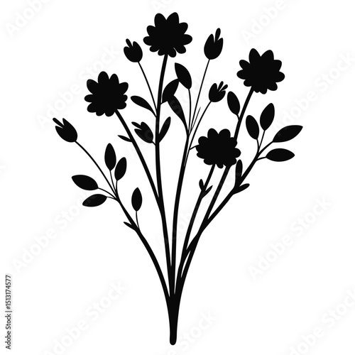 Wildflower bundle silhouette vector on white background  
Silhouette of wildflower bouquet black floral vector design  
