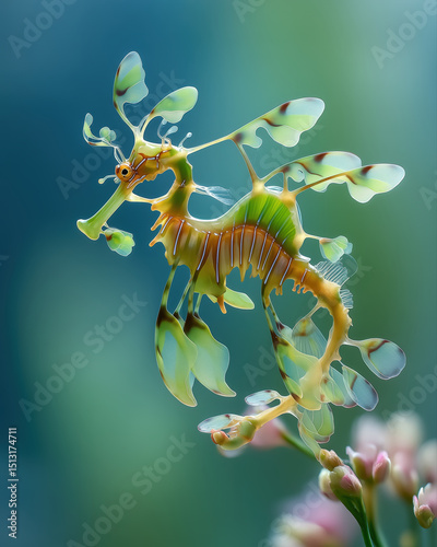 Leafy sea dragon marine fish underwater camouflage green yellow aquatic ocean delicate peaceful nature closeup detailed exotic wild animal fins seaweed coral reef tropical unique fantasy surreal