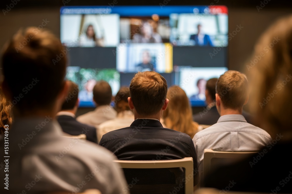 Fototapeta premium Audience viewing a large screen displaying multiple video conference calls, concept for business presentations and corporate training