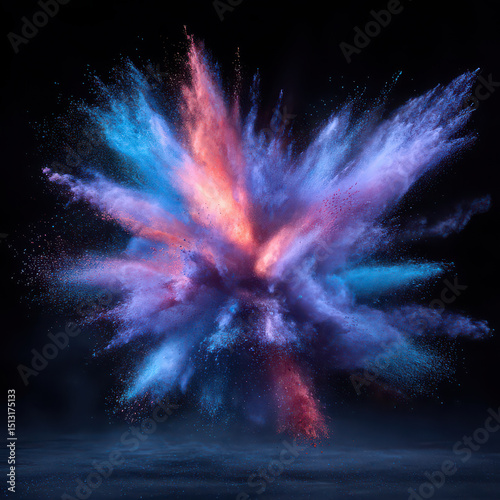 Colorful powder explosion, vibrant blue pink purple cloud