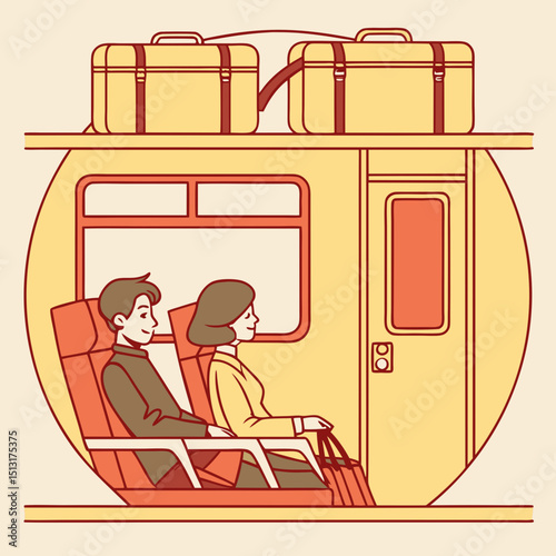 Flat icon of a cozy train compartment with luggage overhead in warm colors, symbolizing comfort during a trip