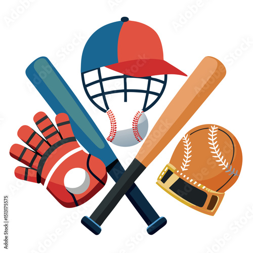 Baseball flat with bat, baseball cap, and mitts in an eyecatching composition