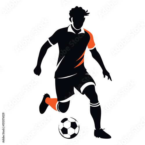 Black and Orange Soccer Player Silhouette Dribbling Ball on White Background Isolated