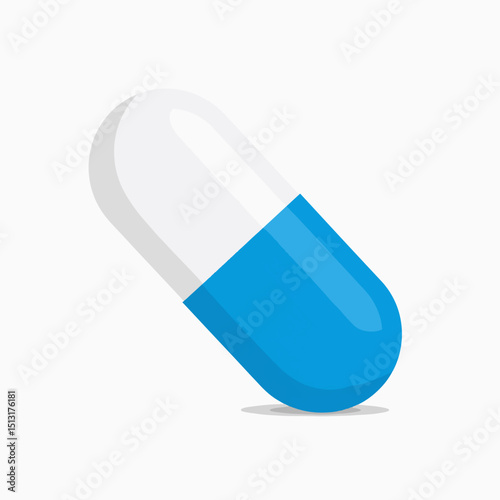 A blue and white capsuleshaped pill rests on a white surface casting a small shadow