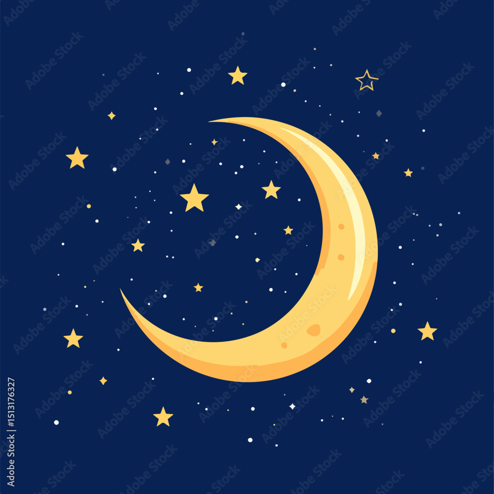 Naklejka premium A crescent moon shines amidst stars and white dots against a dark blue background