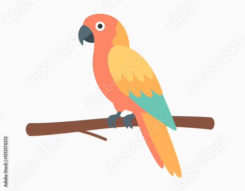 A colorful parrot perches on a brown branch showcasing shades of orange yellow and teal