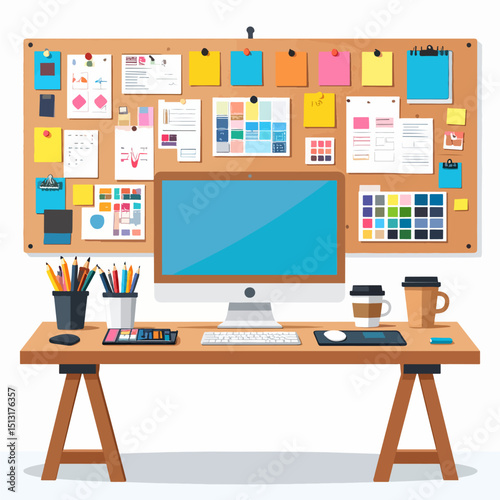 A desk features a computer art supplies  coffee set against a bulletin board covered in colorful notes  papers