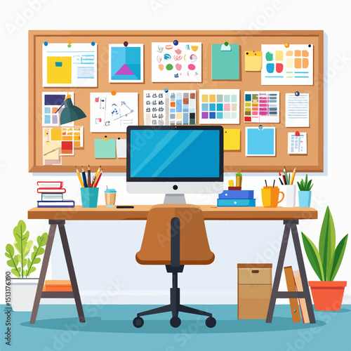 A desk with a computer sits in front of a corkboard covered in papers and objects with plants and storage nearby