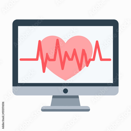 A monitor displays a red heart with a vital sign reading over it The monitor is gray and teal