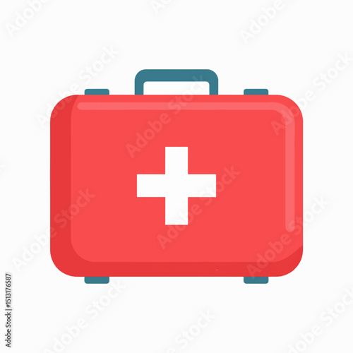 A red first aid kit with a white cross in the center and a handle on top