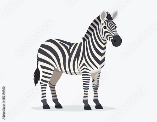 A zebra stands on a light gray surface its black and white striped body and tail clearly displayed against a white background
