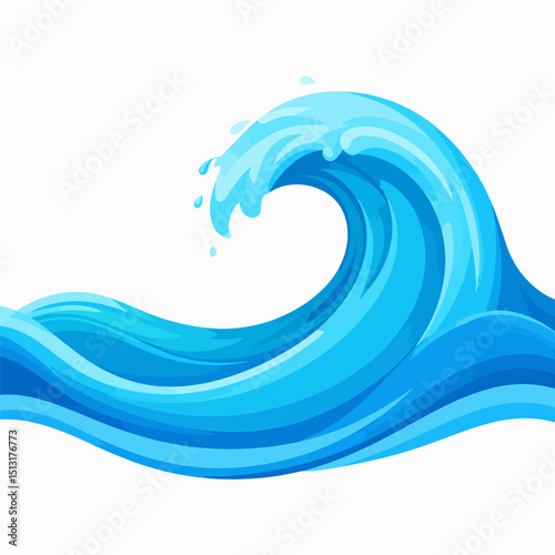 An azure cartoon wave rolls with foaming crests and small droplets