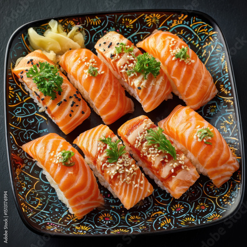Delicious fresh salmon sushi nigiri pieces elegantly arranged on a decorative oriental plate with ginger ready to be enjoyed in a dark setting tonight for dinner.
