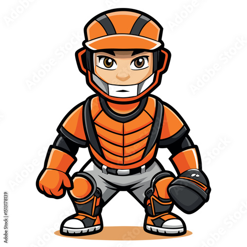 Cartoon Baseball Catcher Crouching In Gear, Orange and Black Uniform on White Background