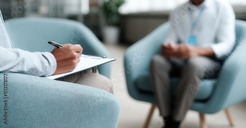 Professional taking notes in a meeting, during a counseling session, or other business setting with an individual. Focused environment.