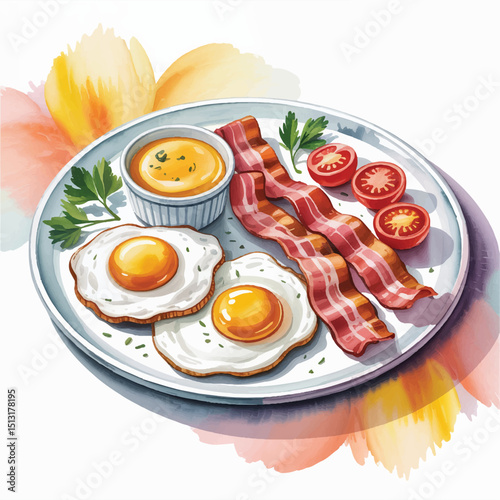 Delicious Watercolor Breakfast Plate with Fried Eggs, Bacon, Tomatoes, and Sauce – Artistic Food Illustration for Culinary and Cafe Designs

