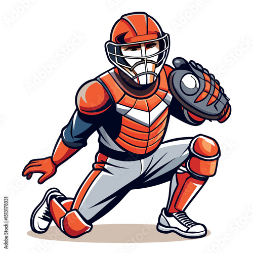 Cartoon Baseball Catcher in Orange Helmet, Pads, and Glove Ready to Catch Ball
