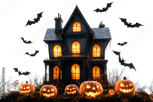 A spooky haunted house with glowing windows, surrounded by flying bats and carved pumpkins, isolated on a white background