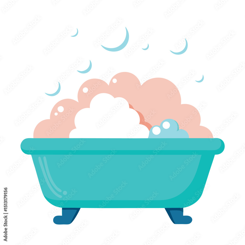 Cartoon Bathtub Clipart, Pink Bubbles, Turquoise Tub, Cleanliness, Isolated, White BG Cartoon Bathtub Clipart, Pink Bubbles, Turquoise Tub, Cleanliness, Isolated, White BG