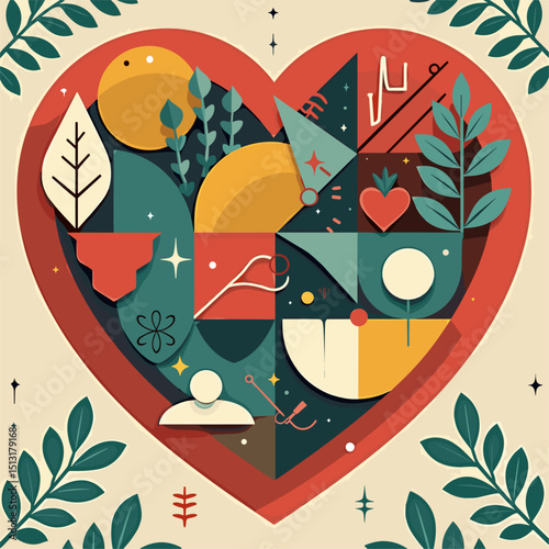 Geometric Heart Health Vector: Modern Design with Icons for Wellness, Medical, Healthcare. Vibrant Patterned Backdrop, Geometric Shapes Symbolize Healthy Lifestyle. Perfect for World Health Day.