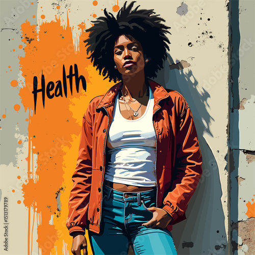 Street Art Health Awareness: Vector Illustration of Urban Wellness Advocacy with Spray-Paint Style, Bold Lines, and Vibrant Colors on Textured Background. Dynamic and Bold Health Message.